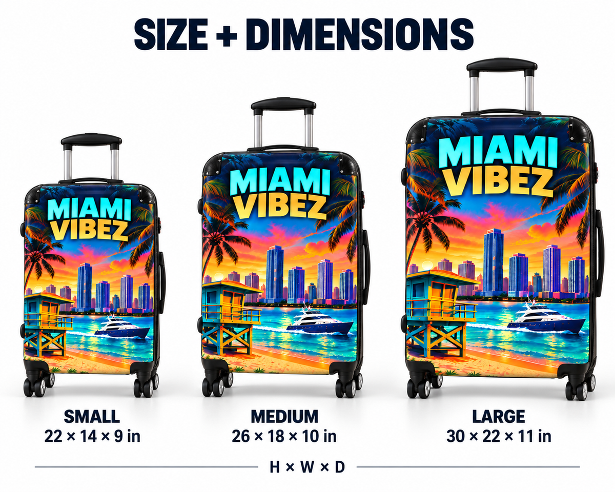 Miami Vibez Suitcase, Colorful Miami Luggage, Tropical Hard Shell Travel Case, Beach Vacation Gift, Spinner Wheel Suitcase