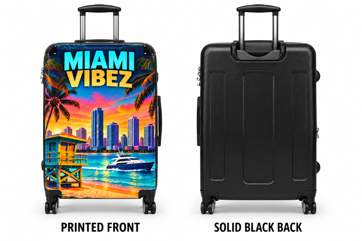 Miami Vibez Suitcase, Colorful Miami Luggage, Tropical Hard Shell Travel Case, Beach Vacation Gift, Spinner Wheel Suitcase
