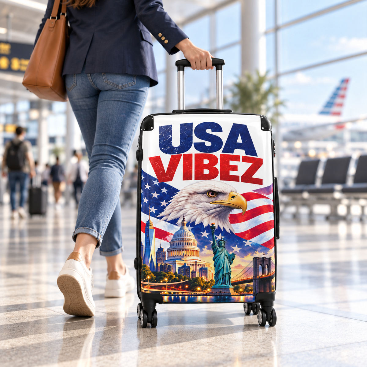 USA Vibez Patriotic Suitcase, American Flag Eagle Luggage, Red White Blue Hard Shell Travel Case, USA Gift for Travellers