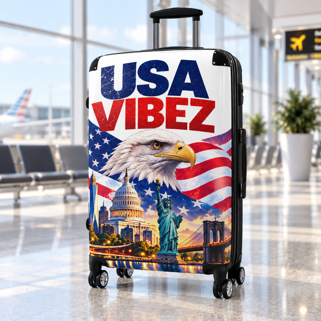 USA Vibez Patriotic Suitcase, American Flag Eagle Luggage, Red White Blue Hard Shell Travel Case, USA Gift for Travellers