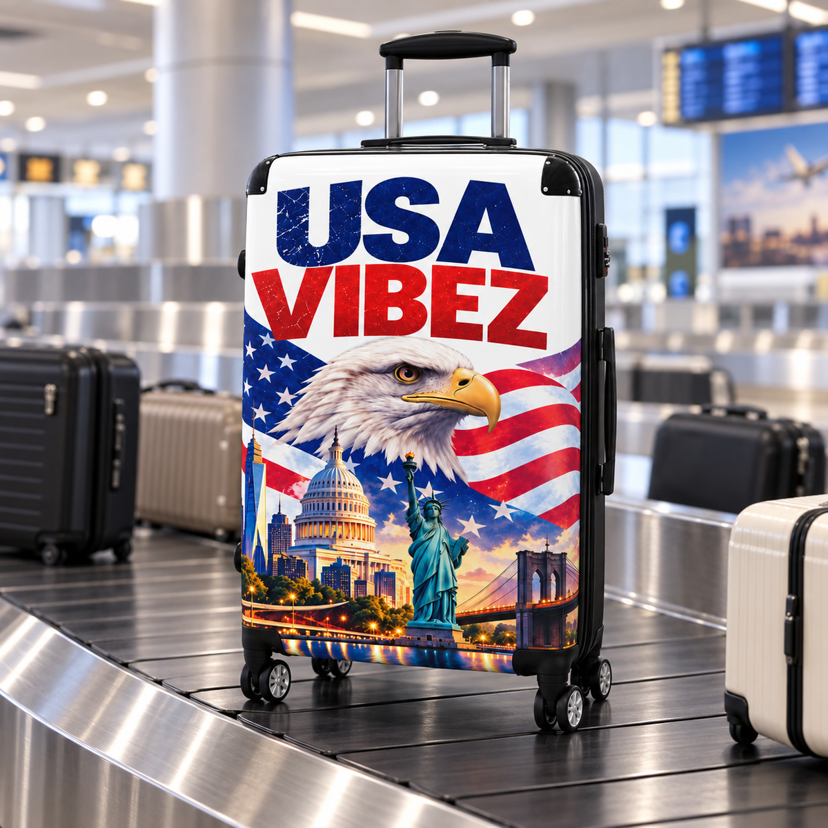 USA Vibez Patriotic Suitcase, American Flag Eagle Luggage, Red White Blue Hard Shell Travel Case, USA Gift for Travellers
