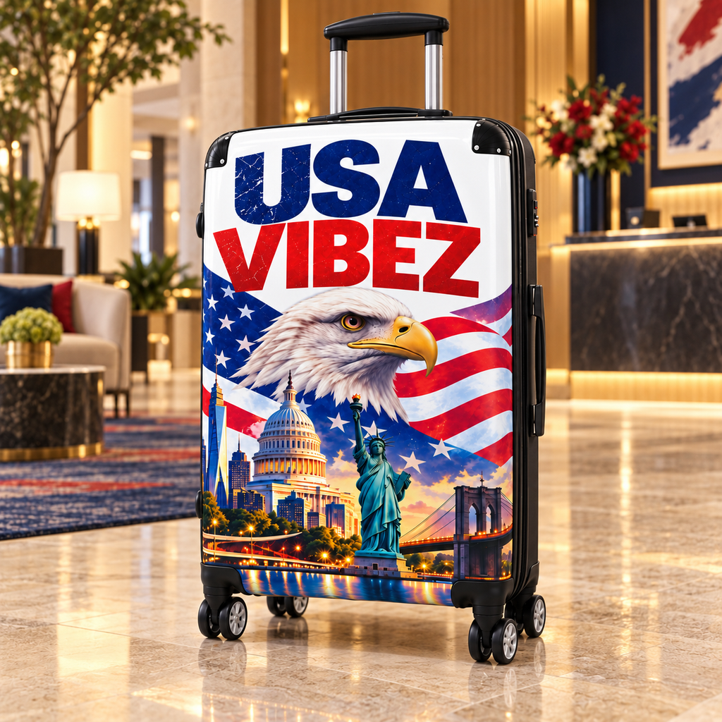 USA Vibez Patriotic Suitcase, American Flag Eagle Luggage, Red White Blue Hard Shell Travel Case, USA Gift for Travellers
