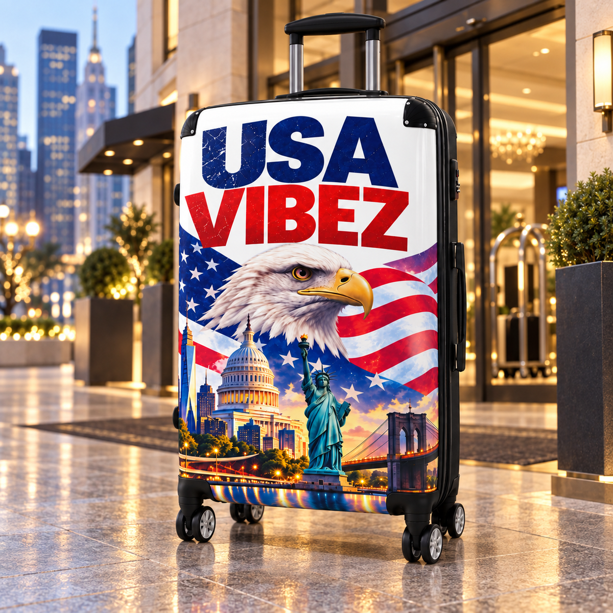 USA Vibez Patriotic Suitcase, American Flag Eagle Luggage, Red White Blue Hard Shell Travel Case, USA Gift for Travellers