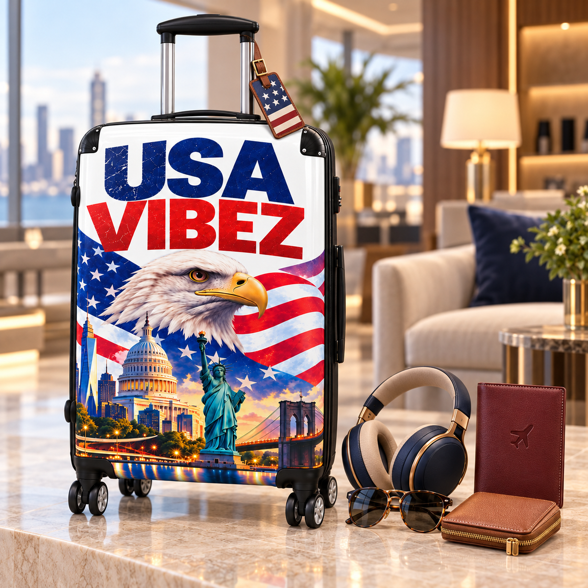 USA Vibez Patriotic Suitcase, American Flag Eagle Luggage, Red White Blue Hard Shell Travel Case, USA Gift for Travellers