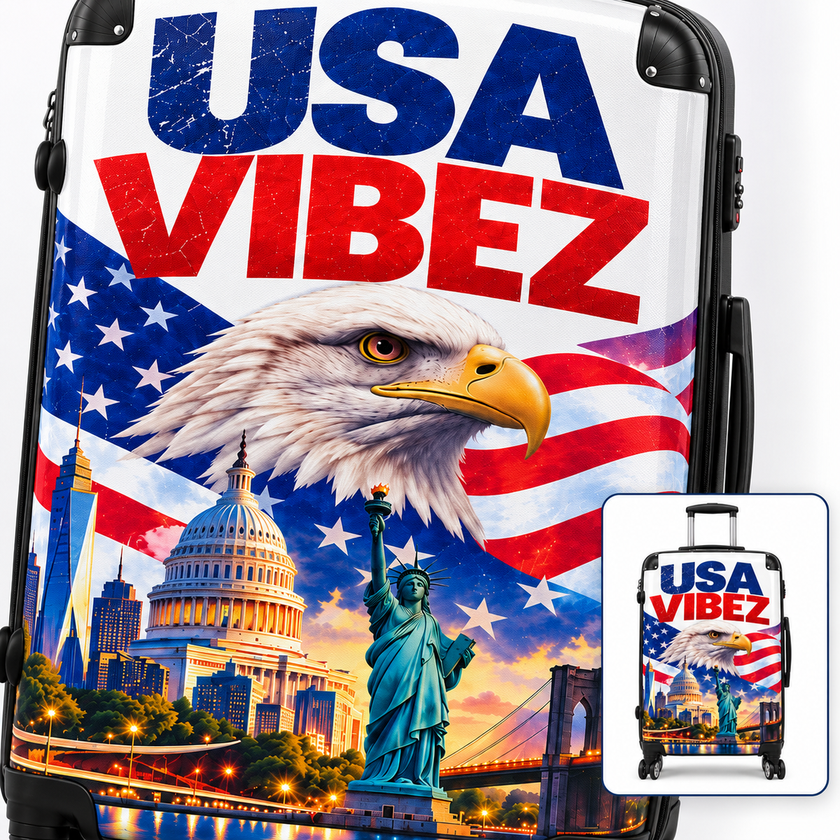 USA Vibez Patriotic Suitcase, American Flag Eagle Luggage, Red White Blue Hard Shell Travel Case, USA Gift for Travellers