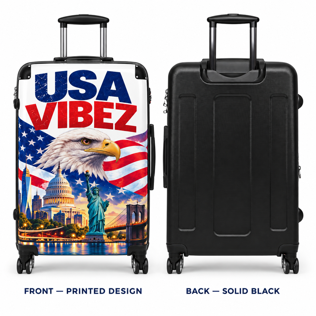 USA Vibez Patriotic Suitcase, American Flag Eagle Luggage, Red White Blue Hard Shell Travel Case, USA Gift for Travellers