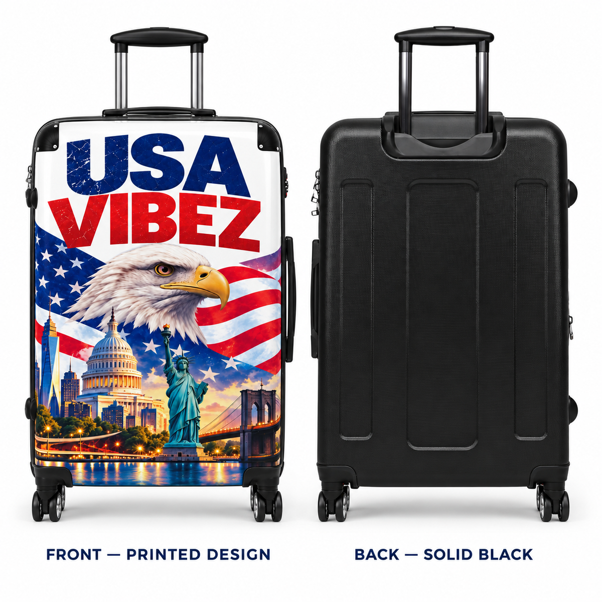 USA Vibez Patriotic Suitcase, American Flag Eagle Luggage, Red White Blue Hard Shell Travel Case, USA Gift for Travellers