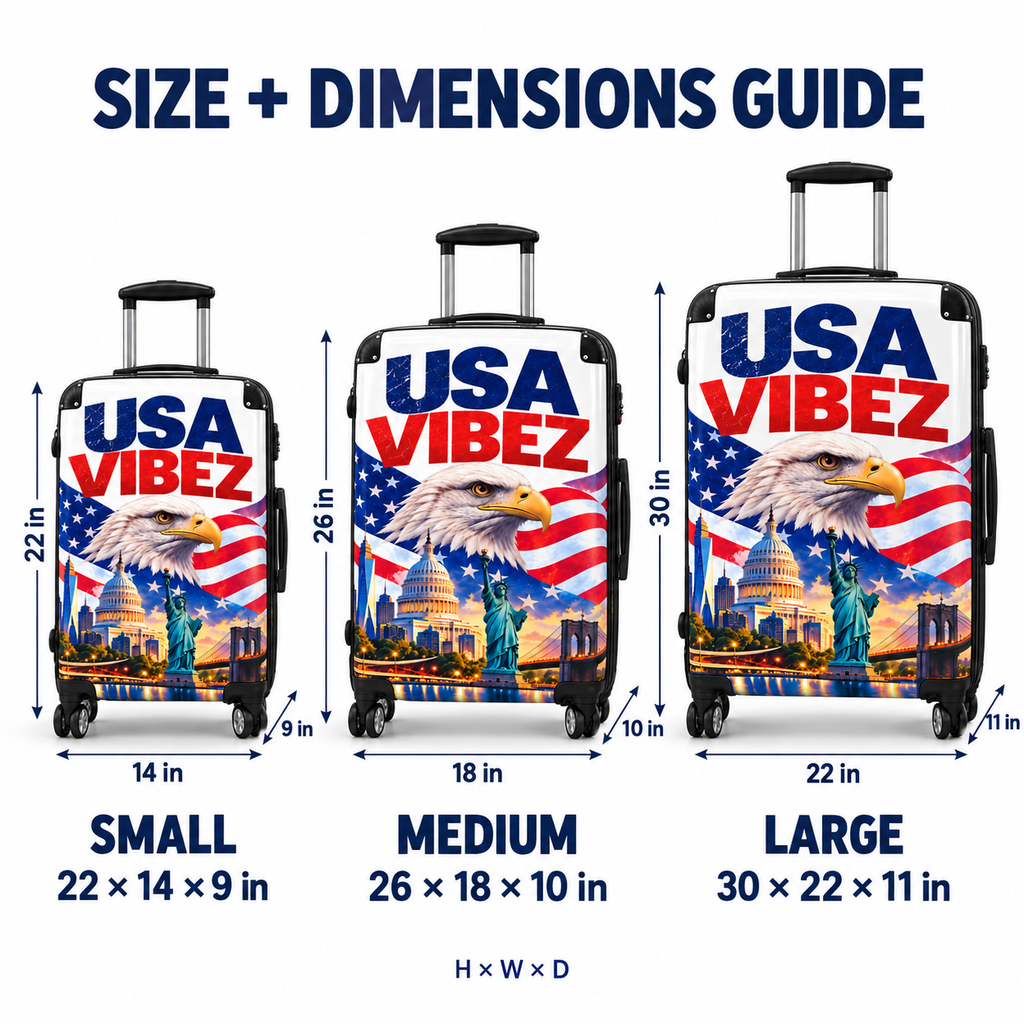 USA Vibez Patriotic Suitcase, American Flag Eagle Luggage, Red White Blue Hard Shell Travel Case, USA Gift for Travellers