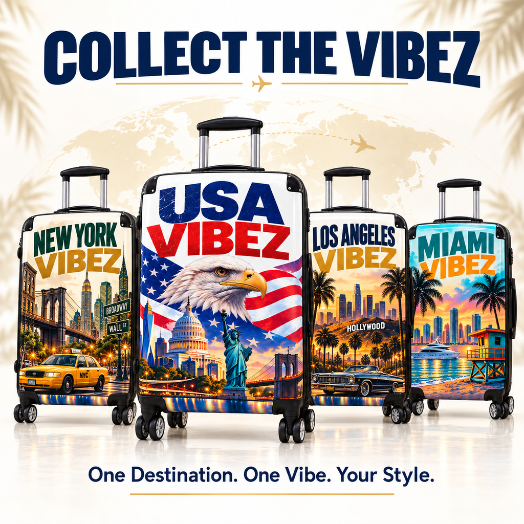 USA Vibez Patriotic Suitcase, American Flag Eagle Luggage, Red White Blue Hard Shell Travel Case, USA Gift for Travellers