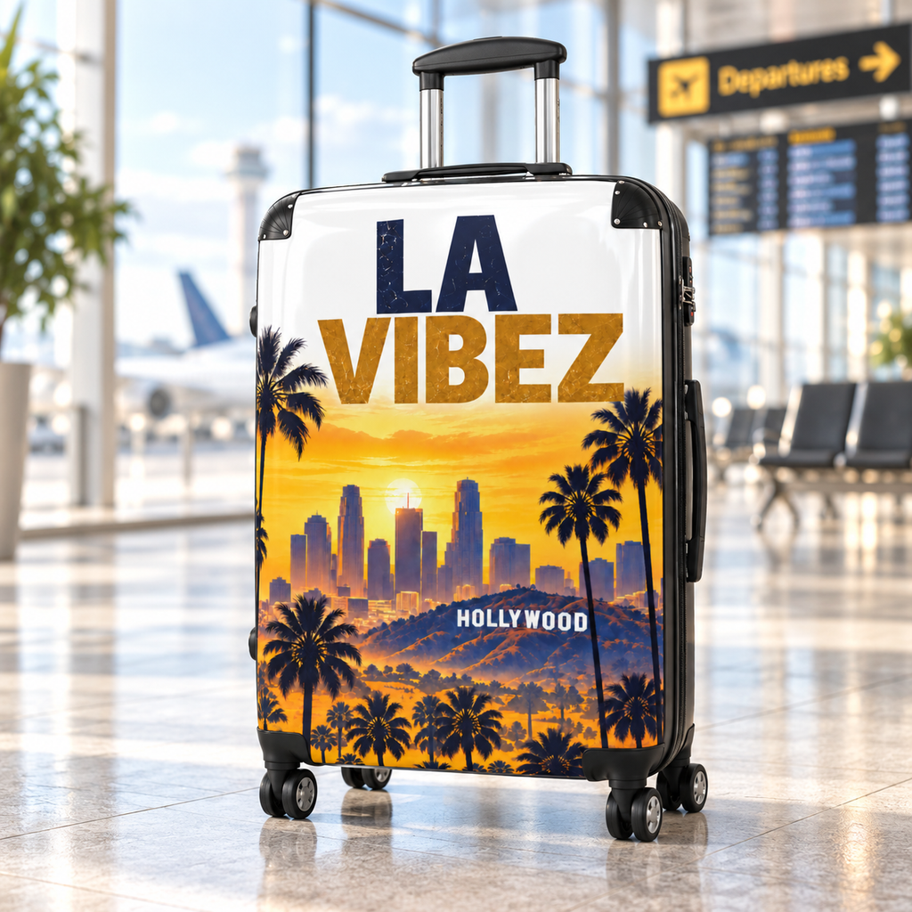 LA VIBEZ Suitcase, Los Angeles Luggage, California Travel Bag, Hollywood Palm Tree Suitcase, Unique Vacation Gift