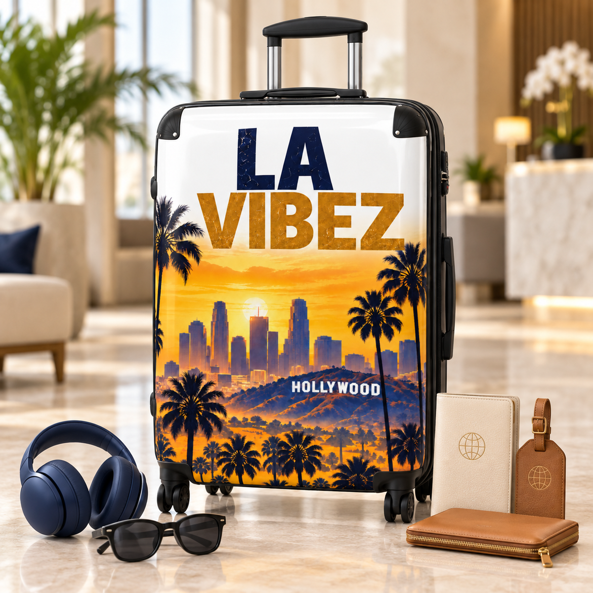 LA VIBEZ Suitcase, Los Angeles Luggage, California Travel Bag, Hollywood Palm Tree Suitcase, Unique Vacation Gift
