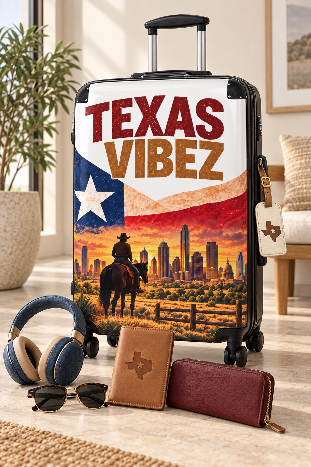 Texas Vibez Suitcase, Western Cowboy Hard Shell Luggage, Texas Travel Gift