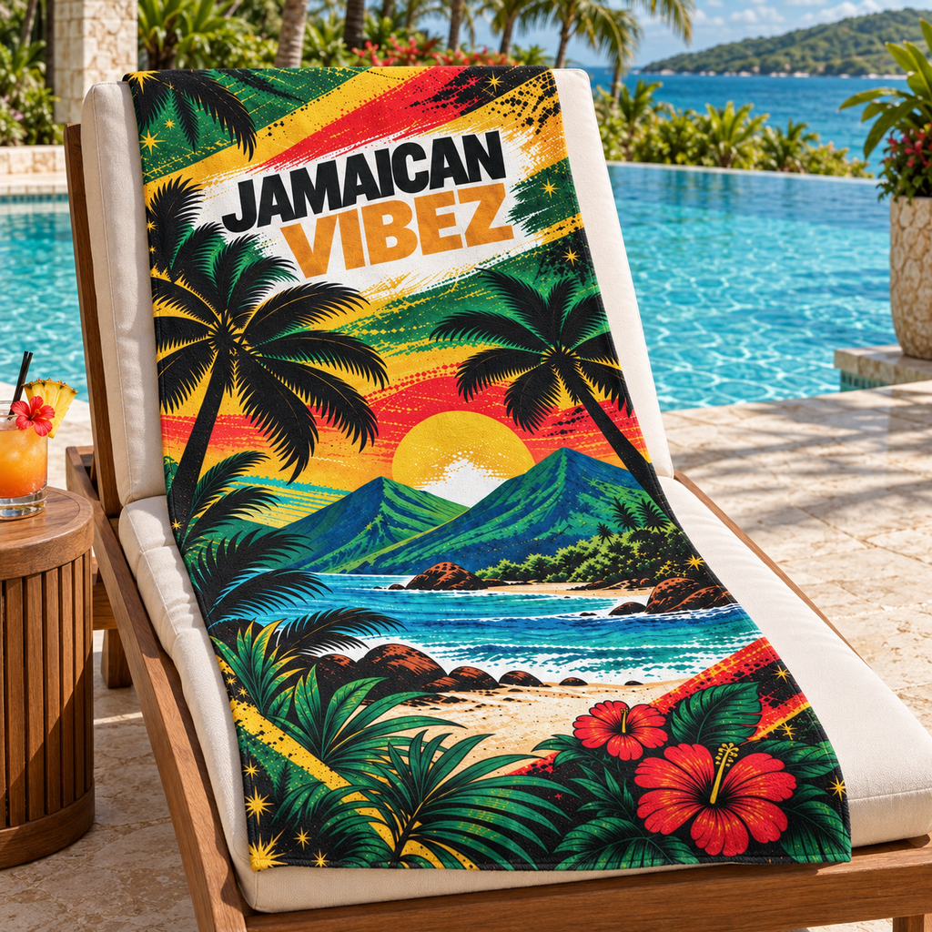 Jamaican Vibez Towel, Tropical Jamaica Beach and Bath Towel, Colorful Caribbean Travel Decor