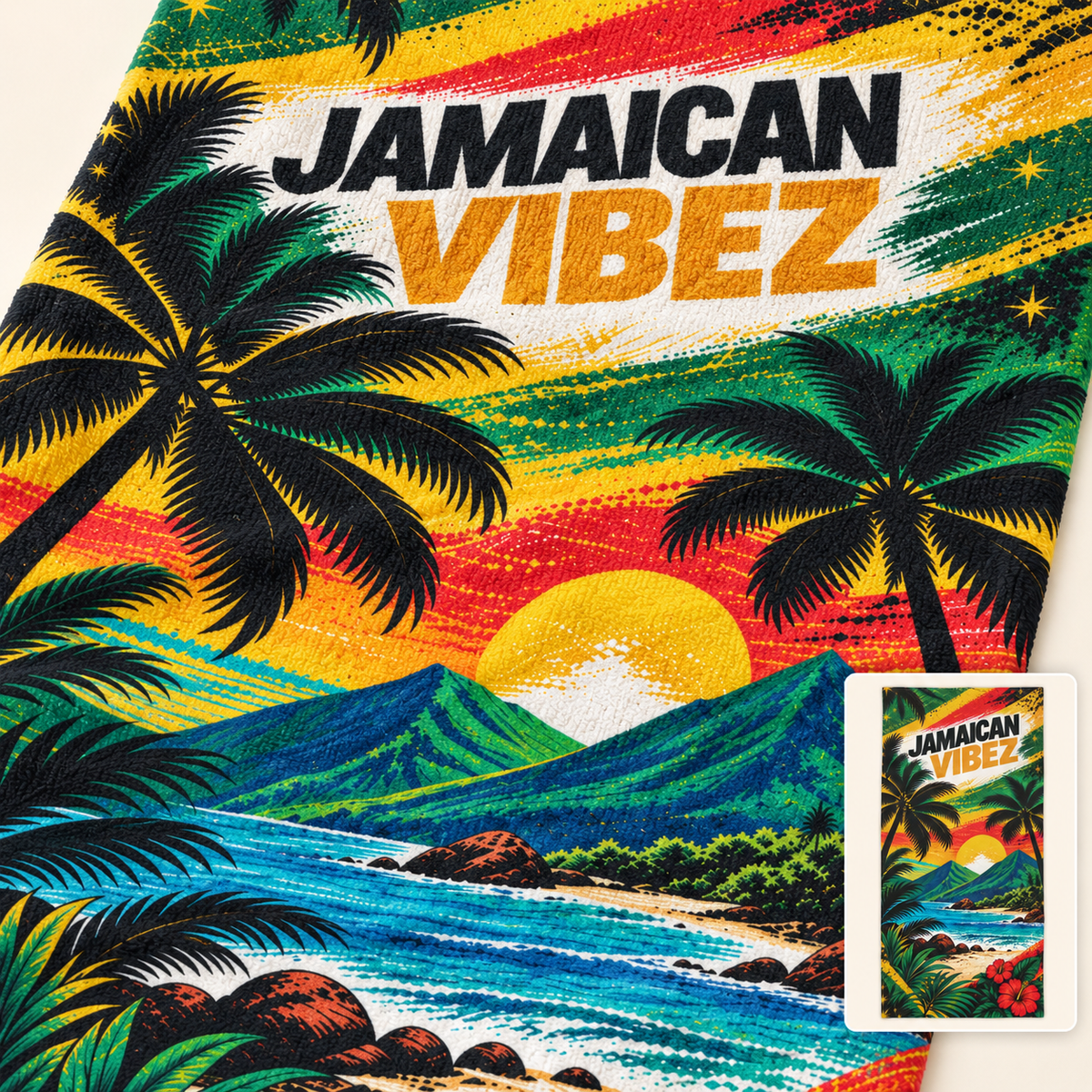 Jamaican Vibez Towel, Tropical Jamaica Beach and Bath Towel, Colorful Caribbean Travel Decor
