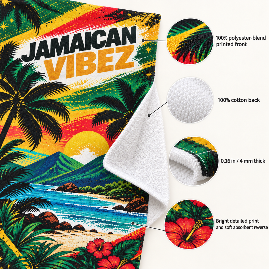 Jamaican Vibez Towel, Tropical Jamaica Beach and Bath Towel, Colorful Caribbean Travel Decor