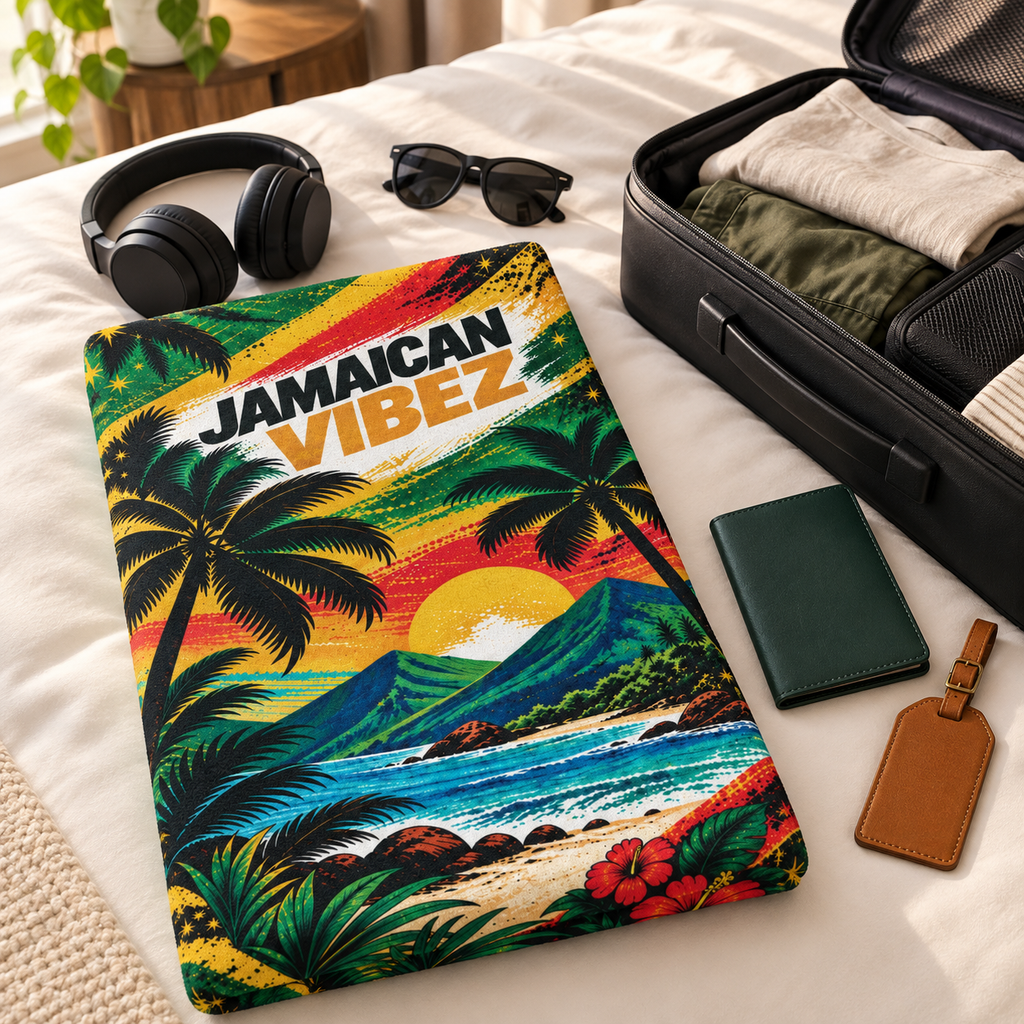 Jamaican Vibez Towel, Tropical Jamaica Beach and Bath Towel, Colorful Caribbean Travel Decor