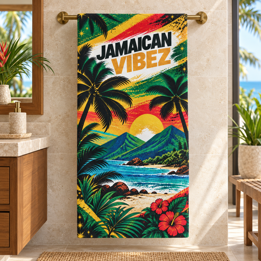 Jamaican Vibez Towel, Tropical Jamaica Beach and Bath Towel, Colorful Caribbean Travel Decor