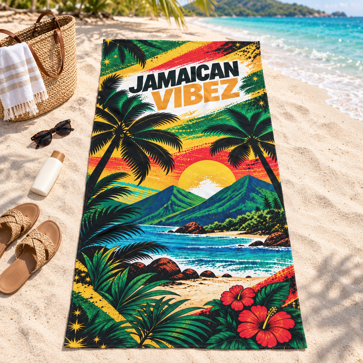 Jamaican Vibez Towel, Tropical Jamaica Beach and Bath Towel, Colorful Caribbean Travel Decor