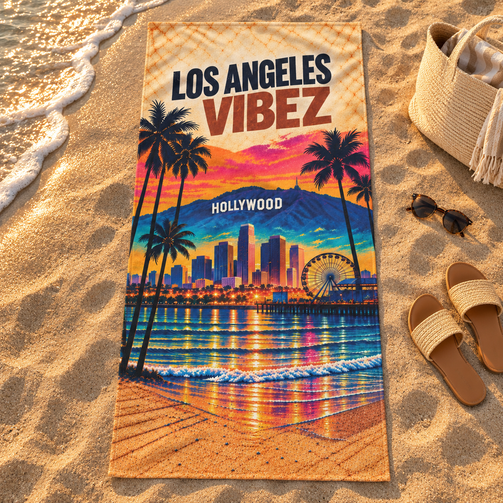 Los Angeles Vibez Towel, California Beach Towel, Hollywood Travel Gift, Colorful Cityscape Bath Towel, LA Souvenir
