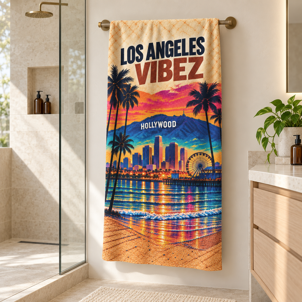 Los Angeles Vibez Towel, California Beach Towel, Hollywood Travel Gift, Colorful Cityscape Bath Towel, LA Souvenir