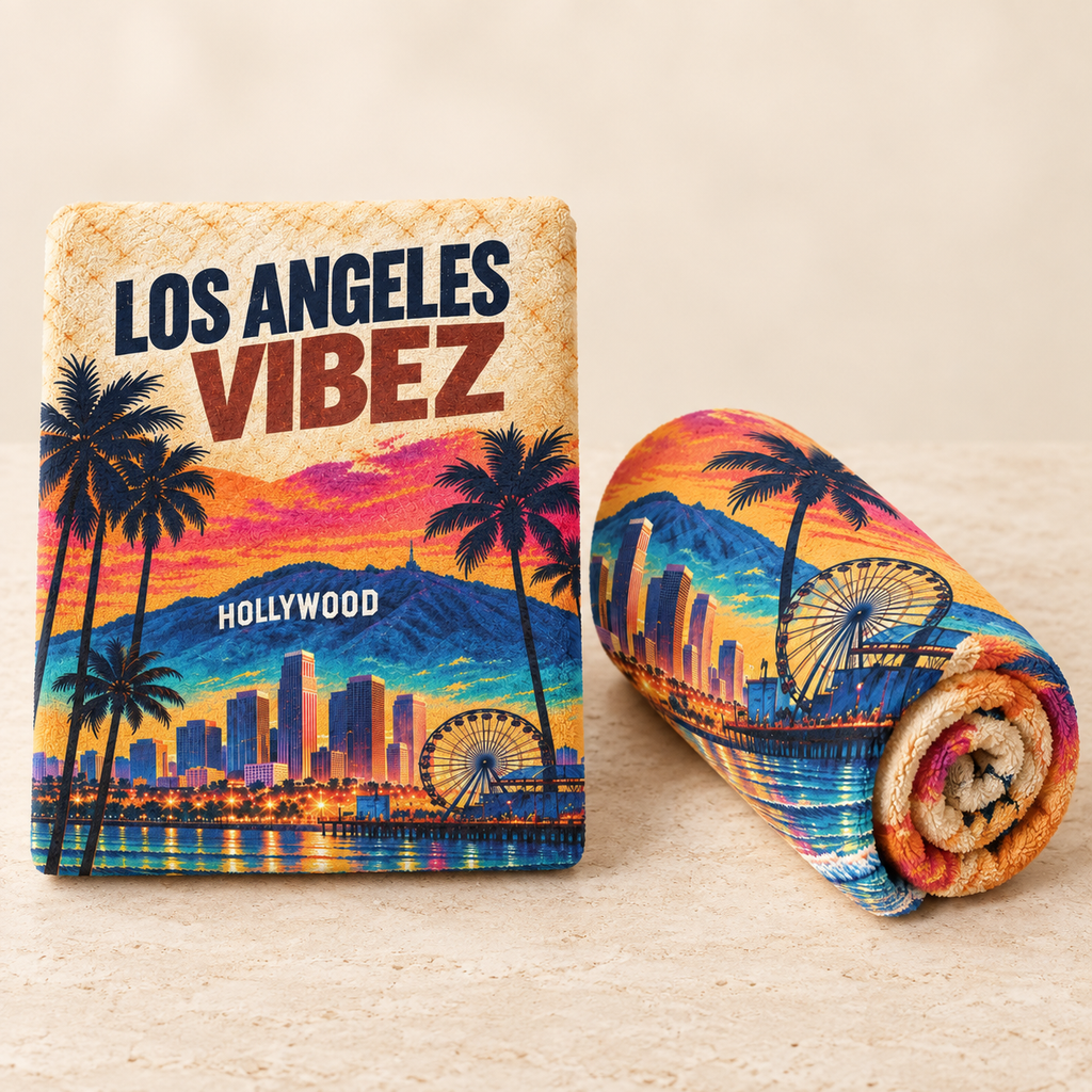 Los Angeles Vibez Towel, California Beach Towel, Hollywood Travel Gift, Colorful Cityscape Bath Towel, LA Souvenir