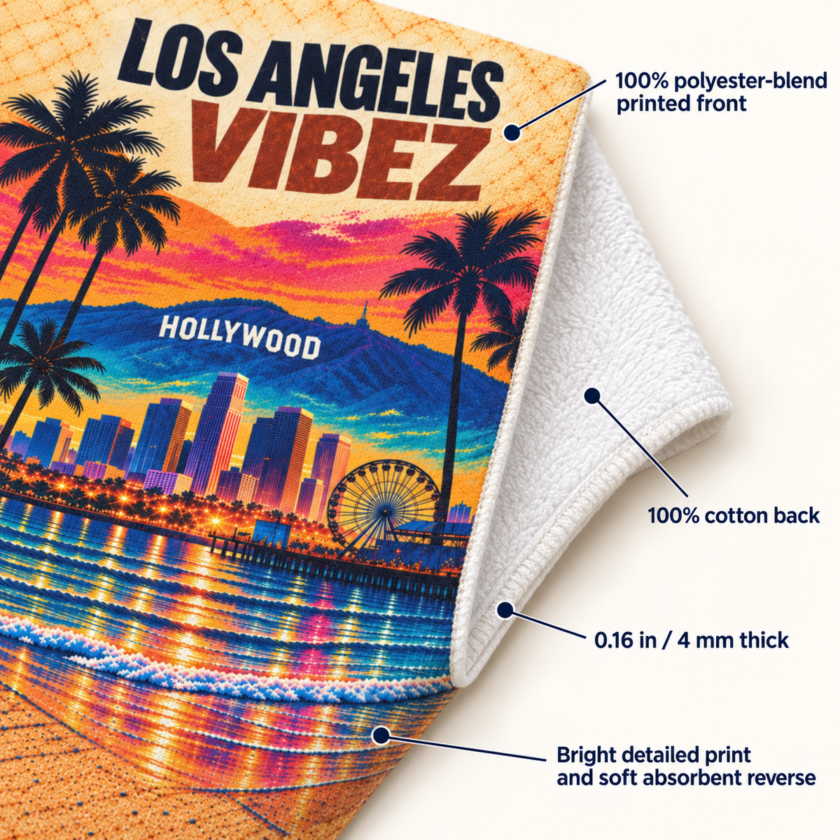 Los Angeles Vibez Towel, California Beach Towel, Hollywood Travel Gift, Colorful Cityscape Bath Towel, LA Souvenir