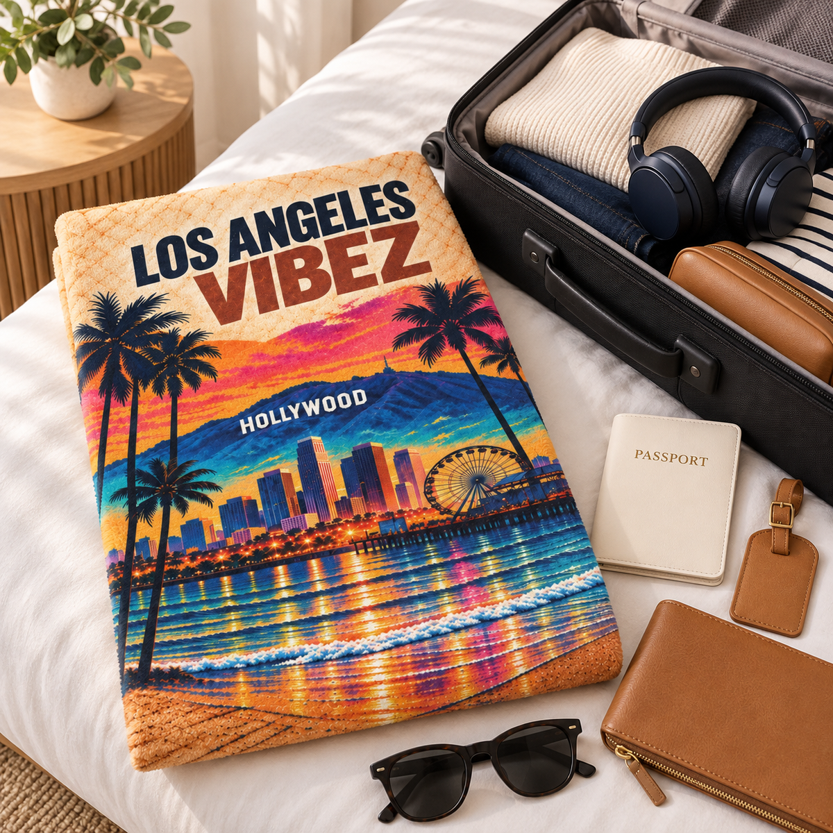 Los Angeles Vibez Towel, California Beach Towel, Hollywood Travel Gift, Colorful Cityscape Bath Towel, LA Souvenir