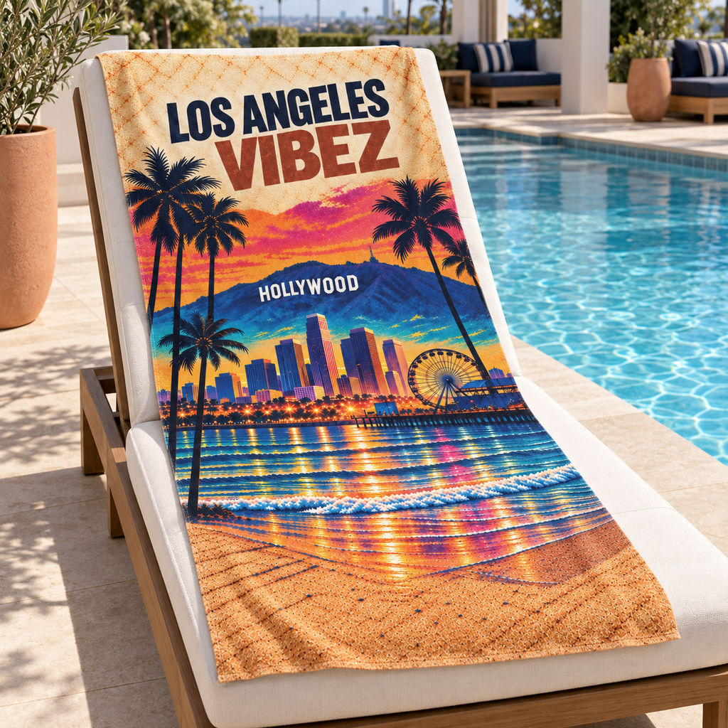 Los Angeles Vibez Towel, California Beach Towel, Hollywood Travel Gift, Colorful Cityscape Bath Towel, LA Souvenir
