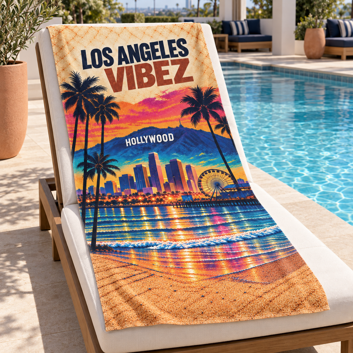 Los Angeles Vibez Towel, California Beach Towel, Hollywood Travel Gift, Colorful Cityscape Bath Towel, LA Souvenir