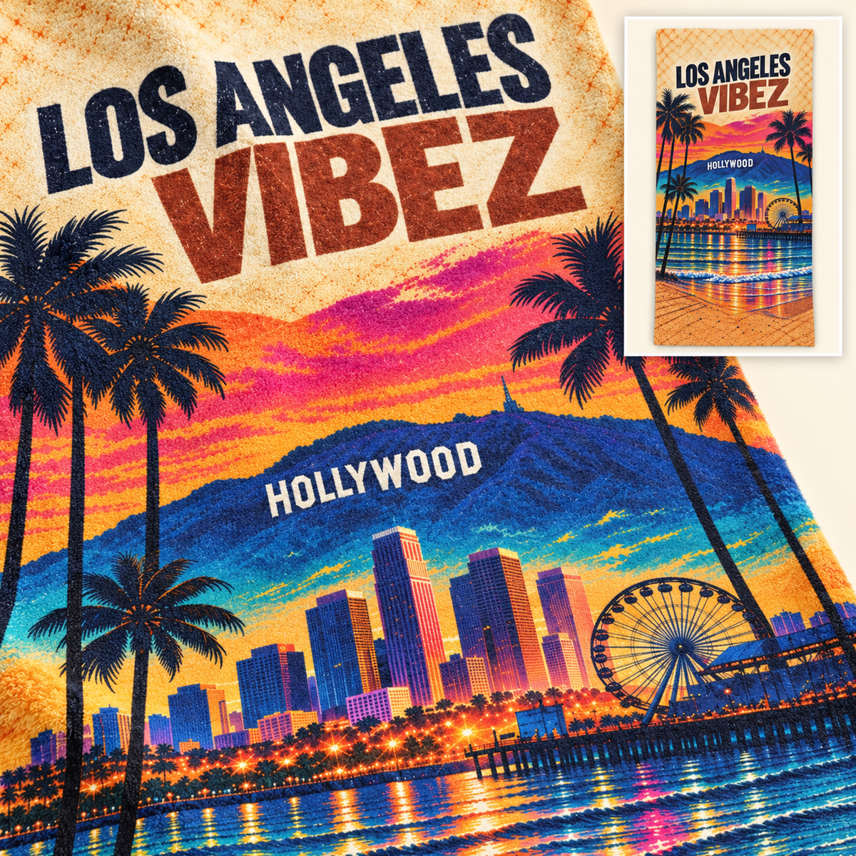 Los Angeles Vibez Towel, California Beach Towel, Hollywood Travel Gift, Colorful Cityscape Bath Towel, LA Souvenir
