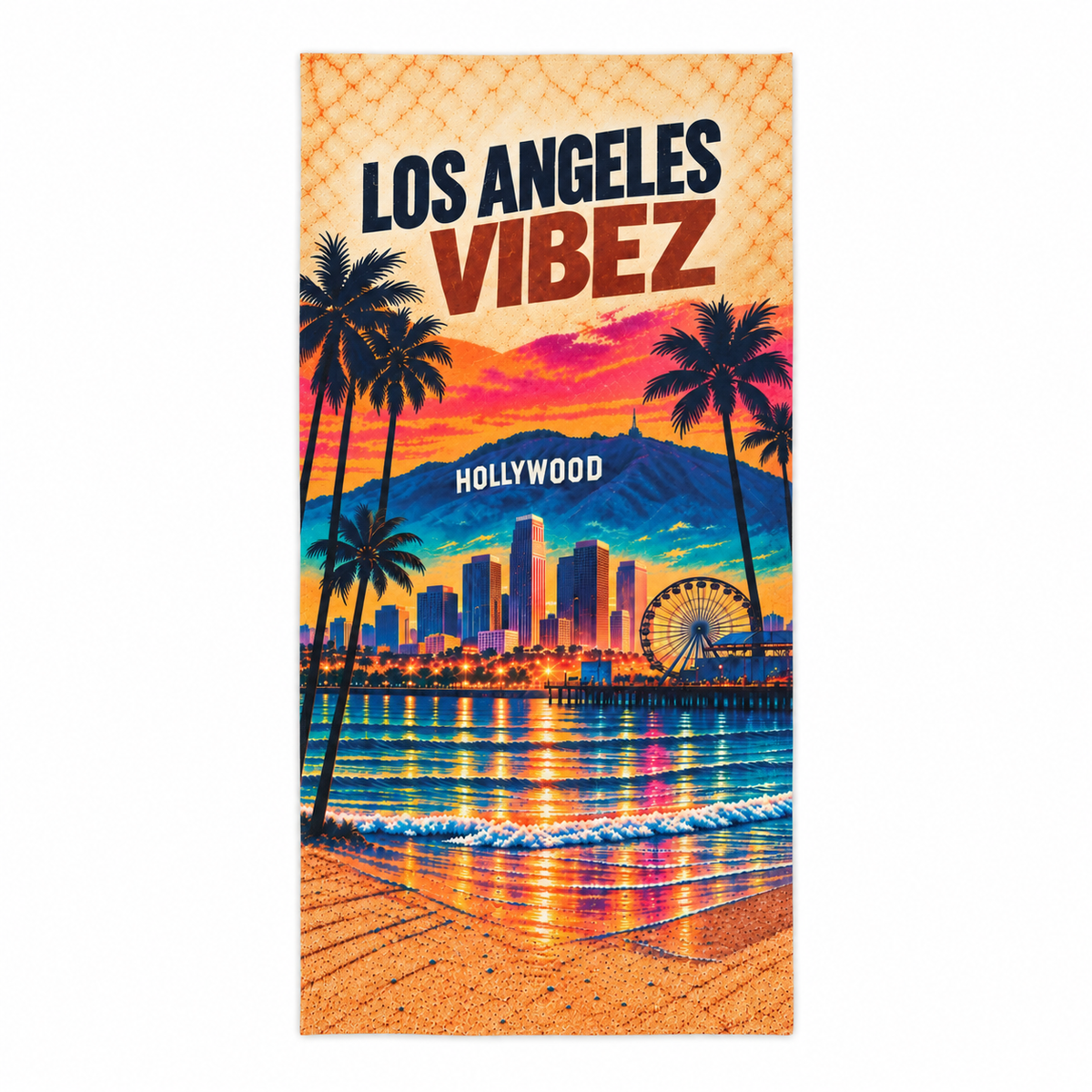 Los Angeles Vibez Towel, California Beach Towel, Hollywood Travel Gift, Colorful Cityscape Bath Towel, LA Souvenir