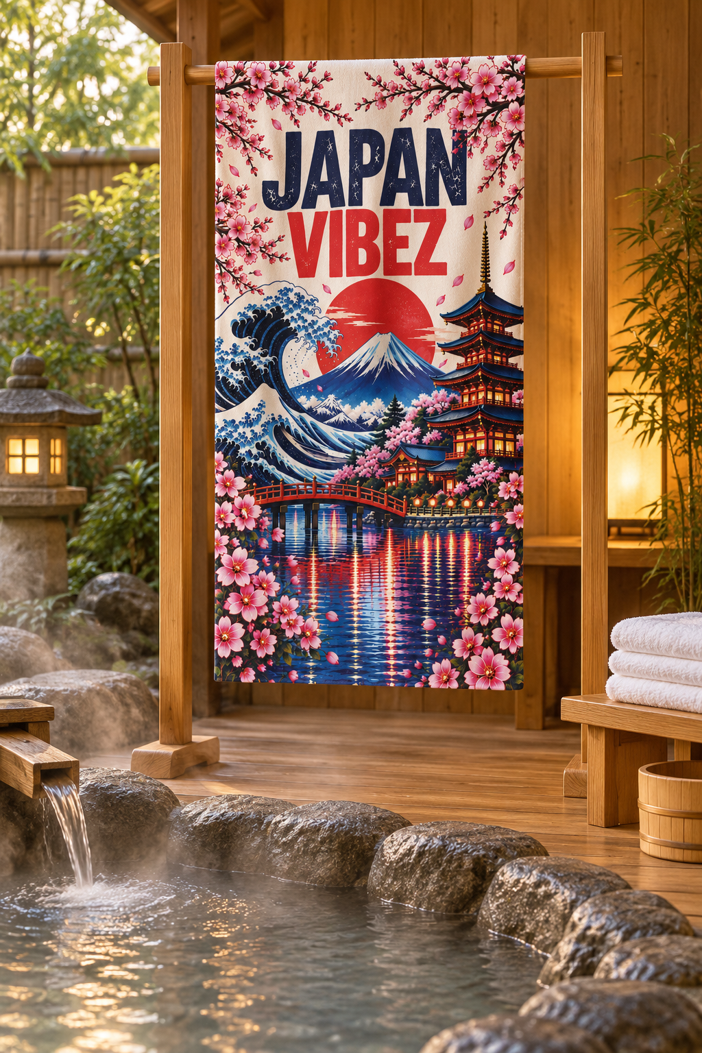 Japan Vibez Towel, Mount Fuji and Cherry Blossom Japanese Travel Gift, Colorful Bath Towel