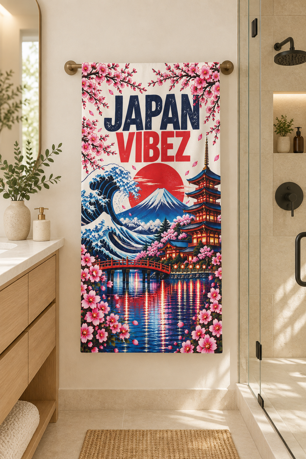 Japan Vibez Towel, Mount Fuji and Cherry Blossom Japanese Travel Gift, Colorful Bath Towel