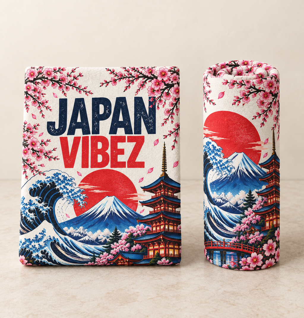 Japan Vibez Towel, Mount Fuji and Cherry Blossom Japanese Travel Gift, Colorful Bath Towel