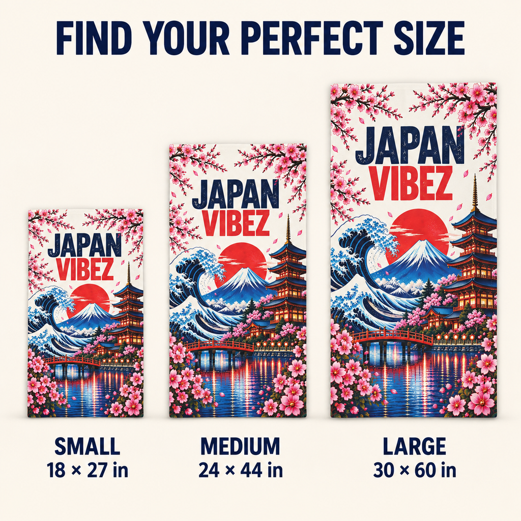 Japan Vibez Towel, Mount Fuji and Cherry Blossom Japanese Travel Gift, Colorful Bath Towel