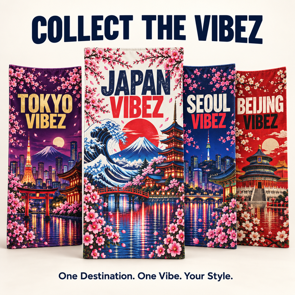 Japan Vibez Towel, Mount Fuji and Cherry Blossom Japanese Travel Gift, Colorful Bath Towel