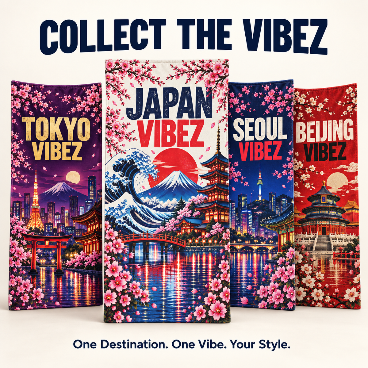 Japan Vibez Towel, Mount Fuji and Cherry Blossom Japanese Travel Gift, Colorful Bath Towel