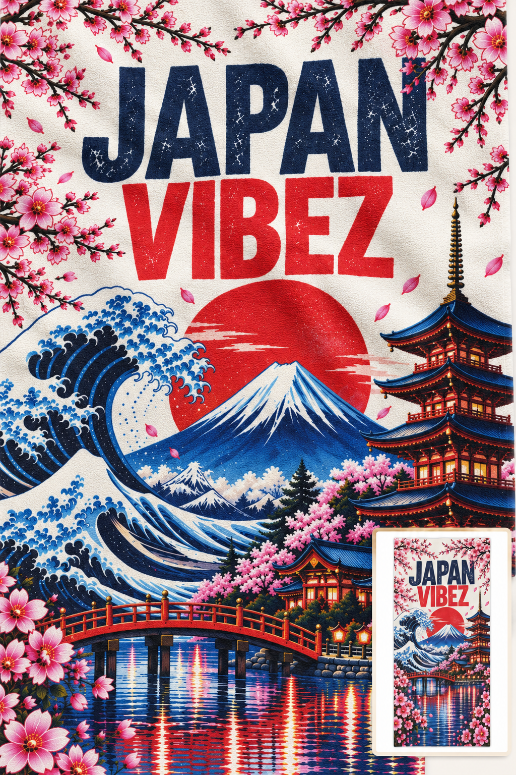 Japan Vibez Towel, Mount Fuji and Cherry Blossom Japanese Travel Gift, Colorful Bath Towel