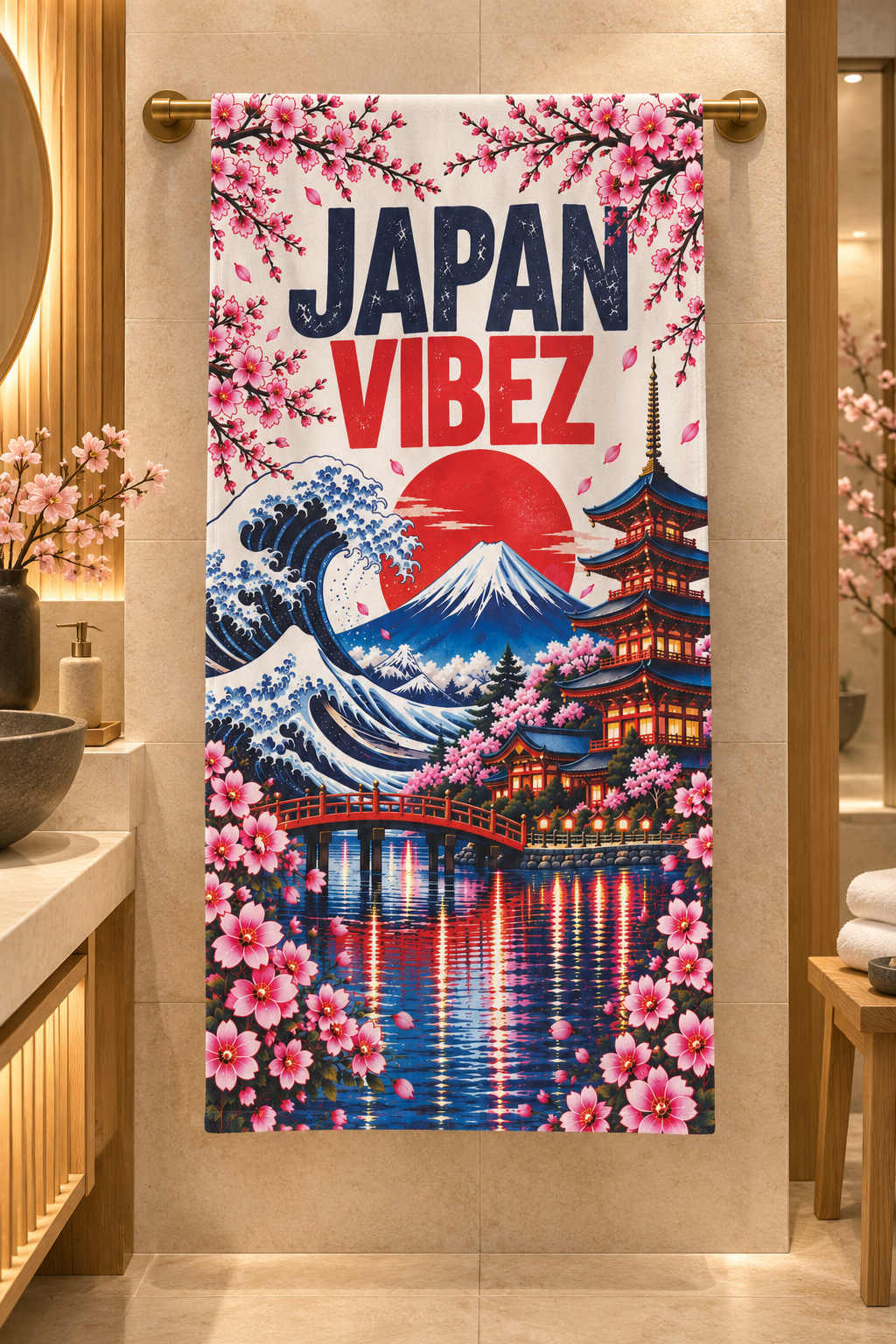 Japan Vibez Towel, Mount Fuji and Cherry Blossom Japanese Travel Gift, Colorful Bath Towel