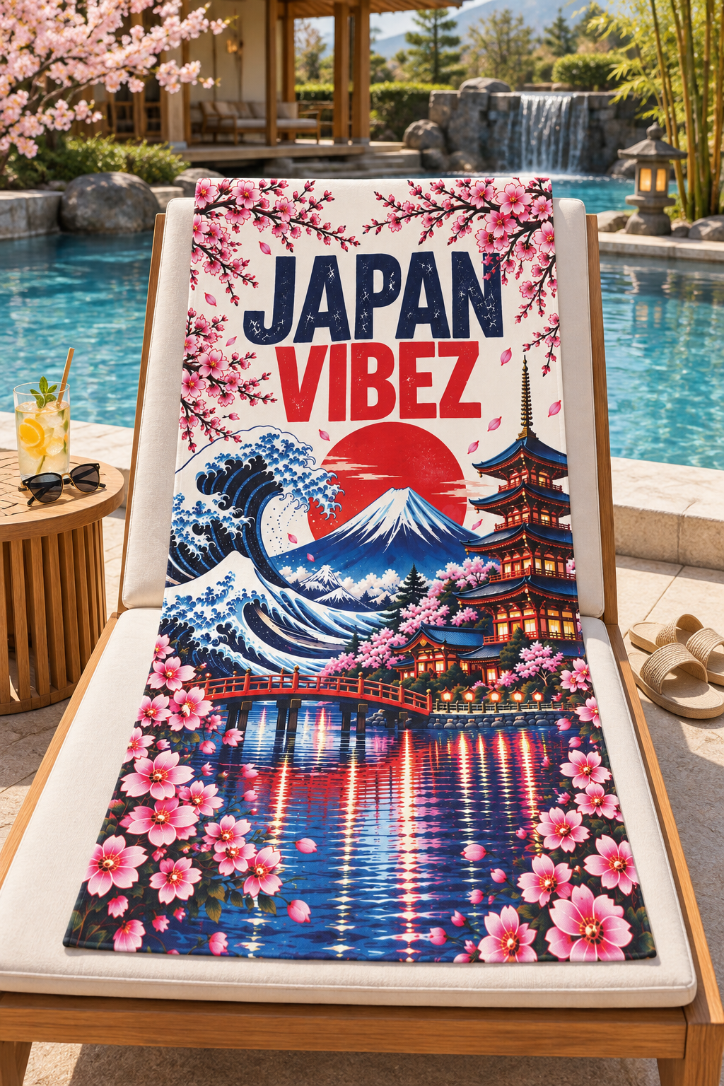 Japan Vibez Towel, Mount Fuji and Cherry Blossom Japanese Travel Gift, Colorful Bath Towel