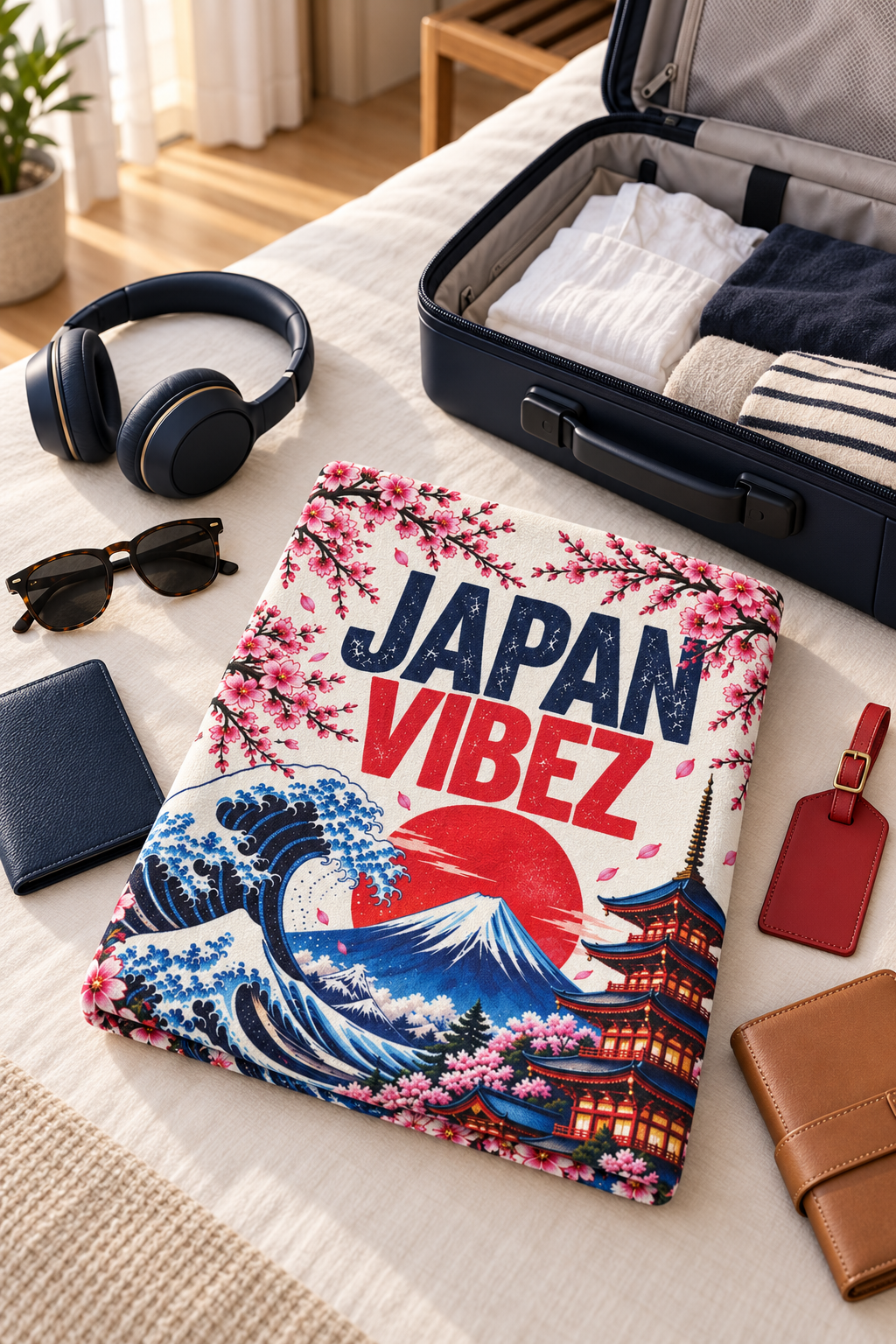 Japan Vibez Towel, Mount Fuji and Cherry Blossom Japanese Travel Gift, Colorful Bath Towel