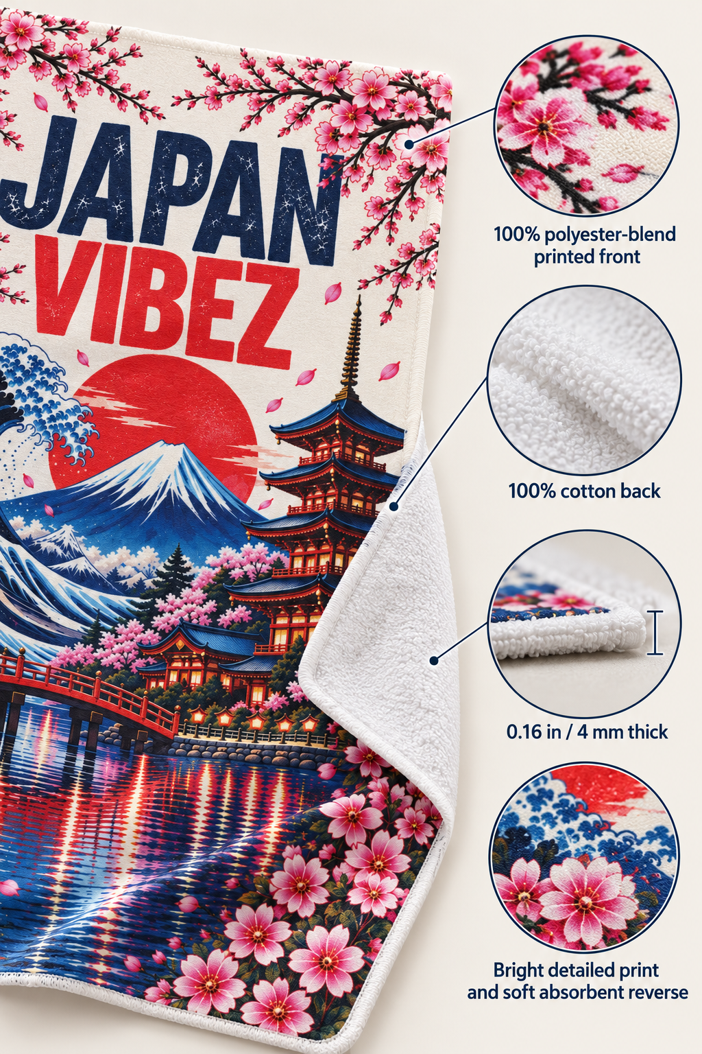 Japan Vibez Towel, Mount Fuji and Cherry Blossom Japanese Travel Gift, Colorful Bath Towel