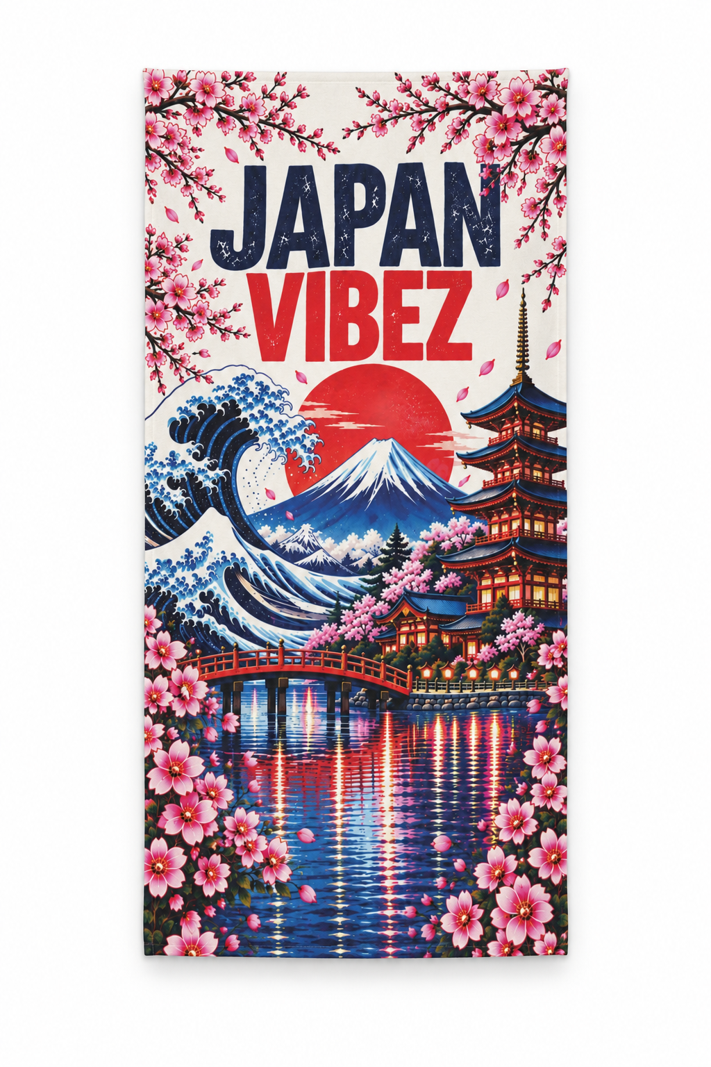 Japan Vibez Towel, Mount Fuji and Cherry Blossom Japanese Travel Gift, Colorful Bath Towel