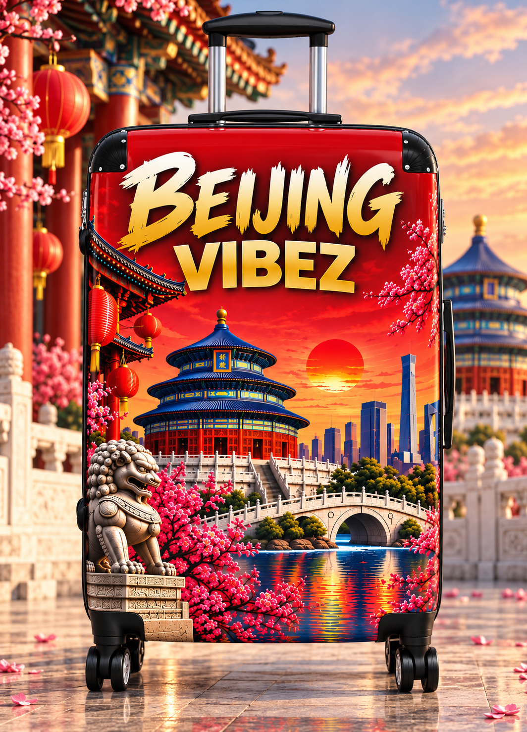 Beijing Vibez Suitcase, China Travel Luggage, Beijing Hard Shell Suitcase, Chinese Travel Gift, Red Asian Luggage, Spinner Suitcase