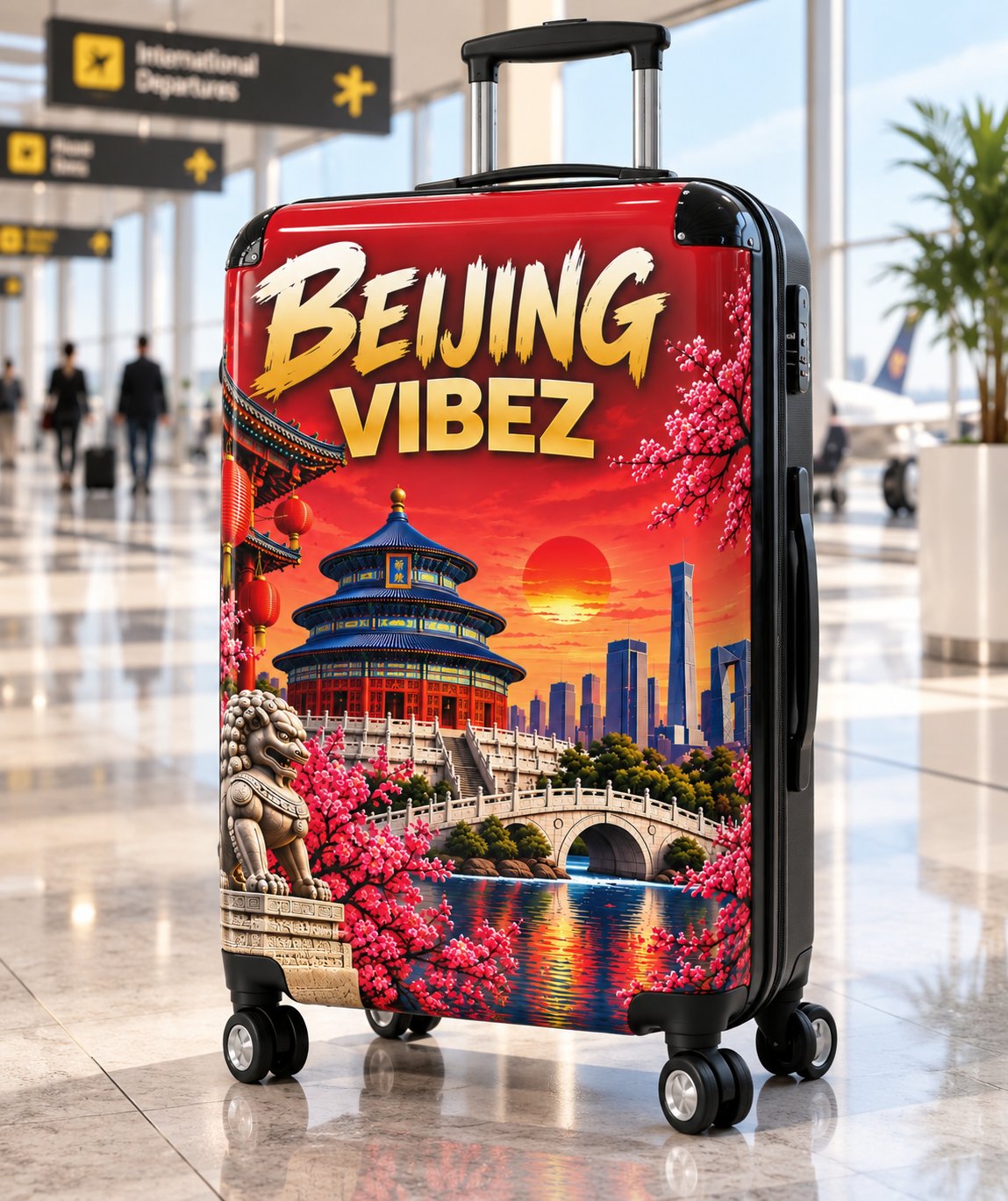 Beijing Vibez Suitcase, China Travel Luggage, Beijing Hard Shell Suitcase, Chinese Travel Gift, Red Asian Luggage, Spinner Suitcase