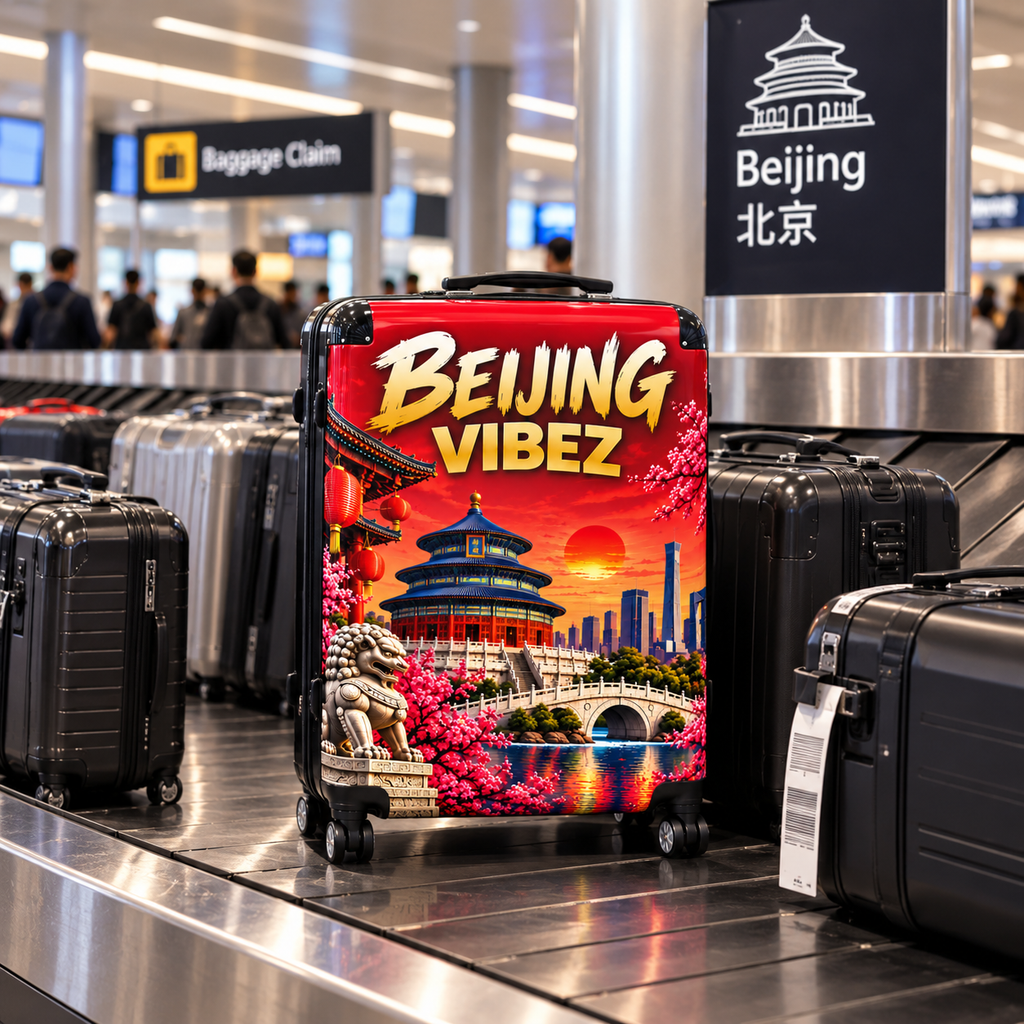 Beijing Vibez Suitcase, China Travel Luggage, Beijing Hard Shell Suitcase, Chinese Travel Gift, Red Asian Luggage, Spinner Suitcase