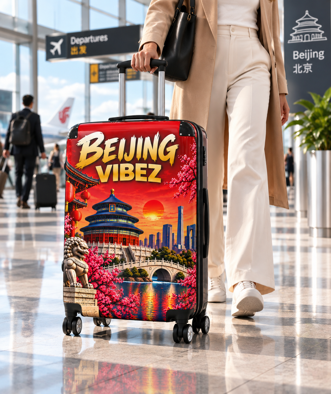 Beijing Vibez Suitcase, China Travel Luggage, Beijing Hard Shell Suitcase, Chinese Travel Gift, Red Asian Luggage, Spinner Suitcase