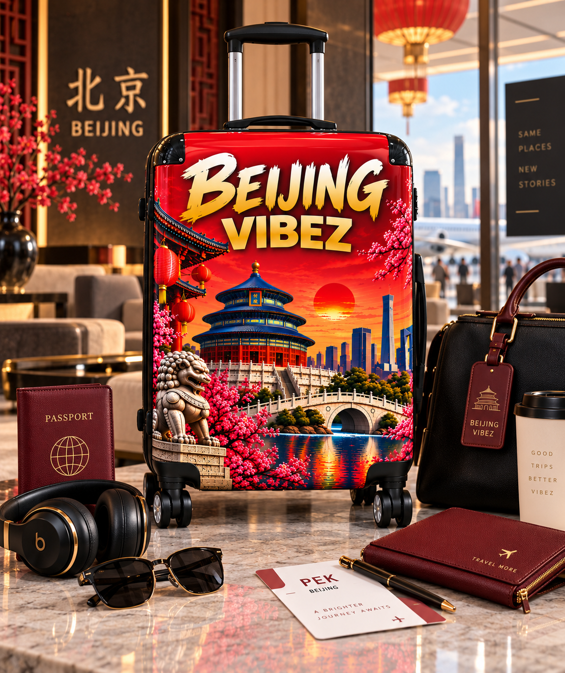 Beijing Vibez Suitcase, China Travel Luggage, Beijing Hard Shell Suitcase, Chinese Travel Gift, Red Asian Luggage, Spinner Suitcase