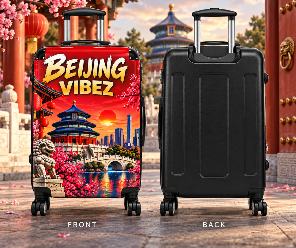Beijing Vibez Suitcase, China Travel Luggage, Beijing Hard Shell Suitcase, Chinese Travel Gift, Red Asian Luggage, Spinner Suitcase