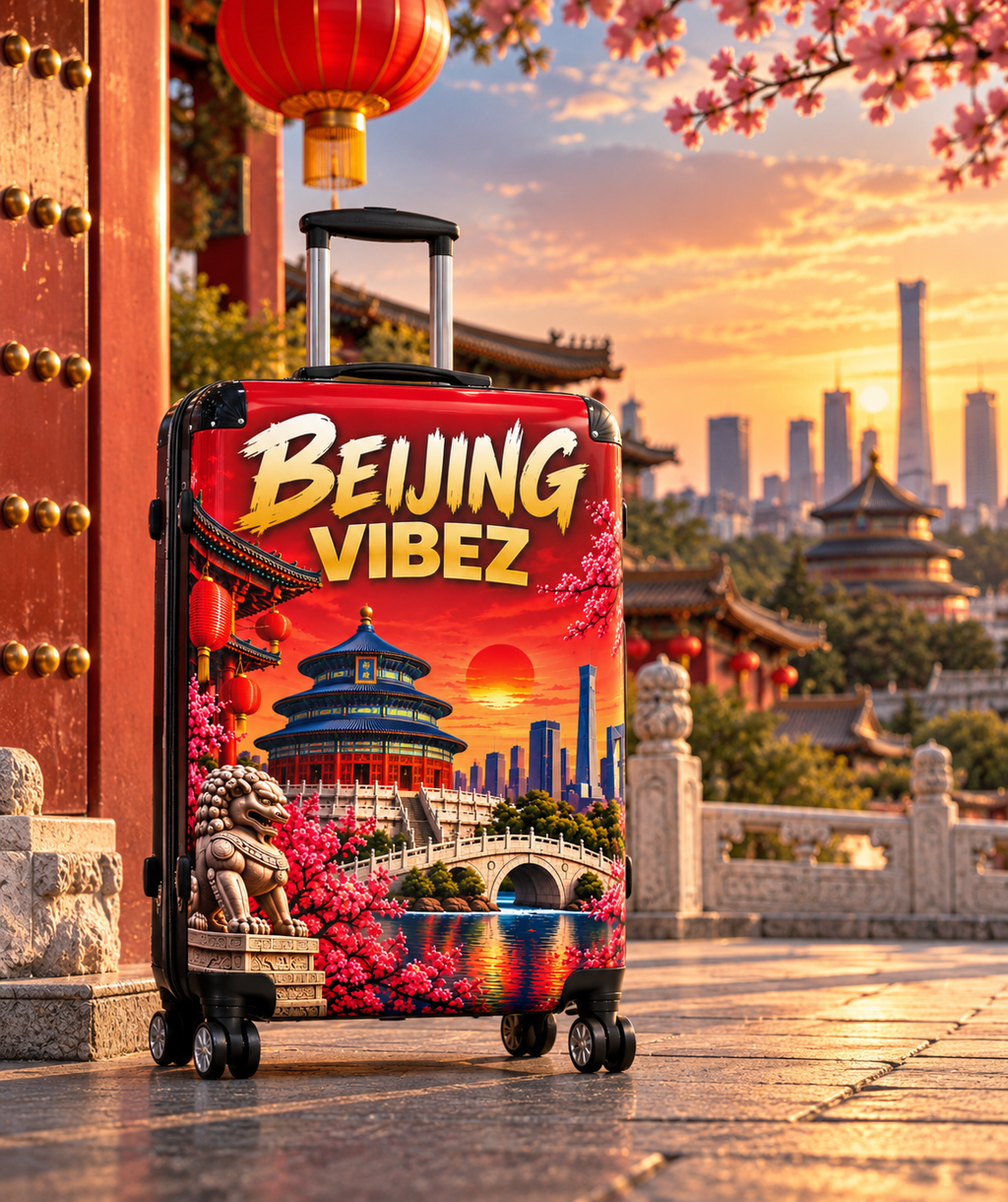 Beijing Vibez Suitcase, China Travel Luggage, Beijing Hard Shell Suitcase, Chinese Travel Gift, Red Asian Luggage, Spinner Suitcase